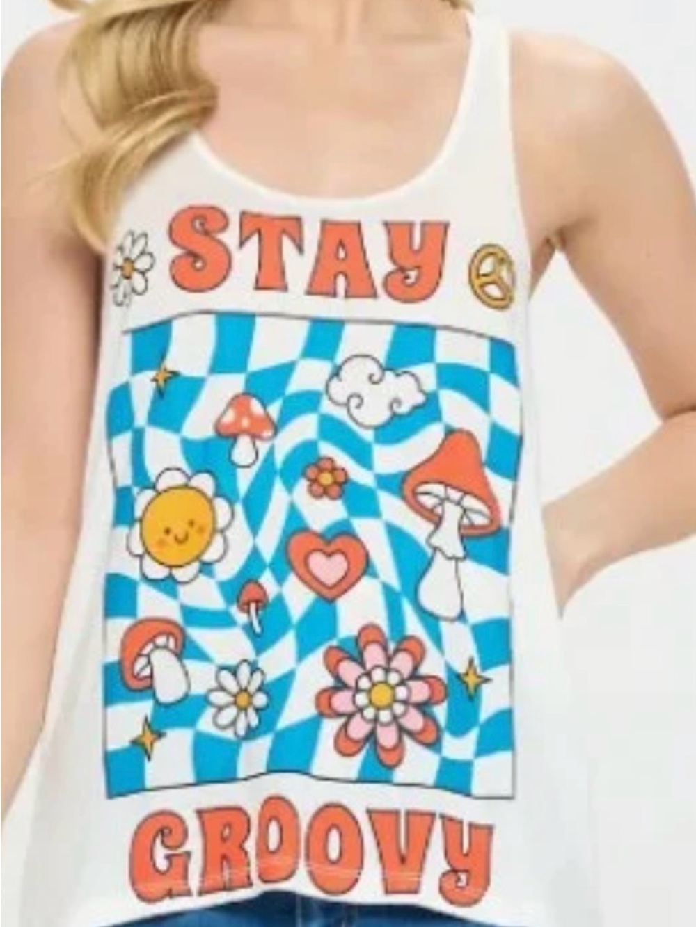 Stay Groovy White Tank Top with Blue & Orange Graphic